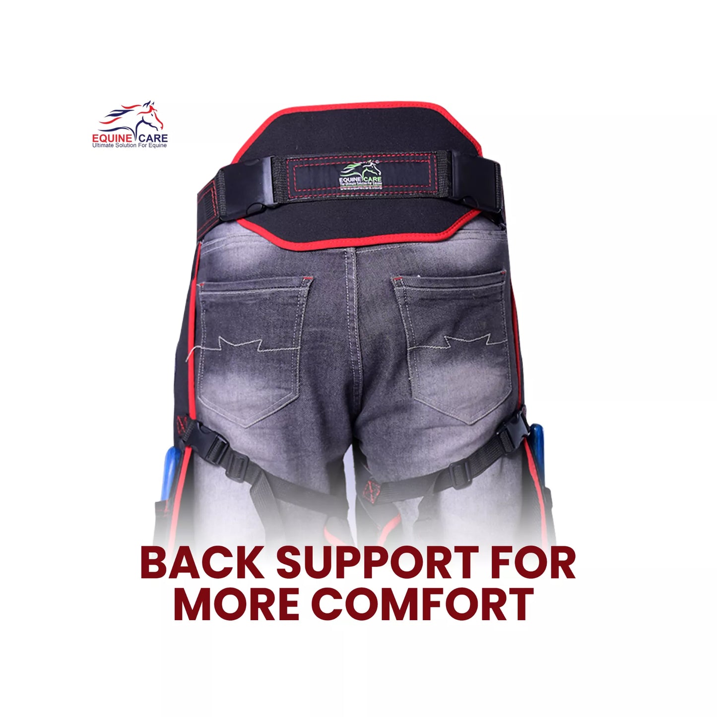 Equine Care Pro Artisan Farrier Apron - Black with Red Piping Rear view of black farrier chaps with red trim showing wide adjustable back support panel and secure waist belt, designed to provide extra comfort during long horse shoeing sessions