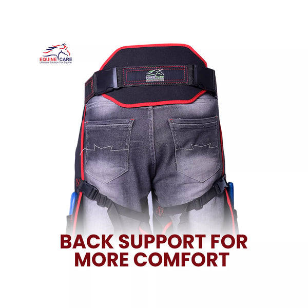Equine Care Pro Artisan Farrier Apron - Black with Red Piping Rear view of black farrier chaps with red trim showing wide adjustable back support panel and secure waist belt, designed to provide extra comfort during long horse shoeing sessions