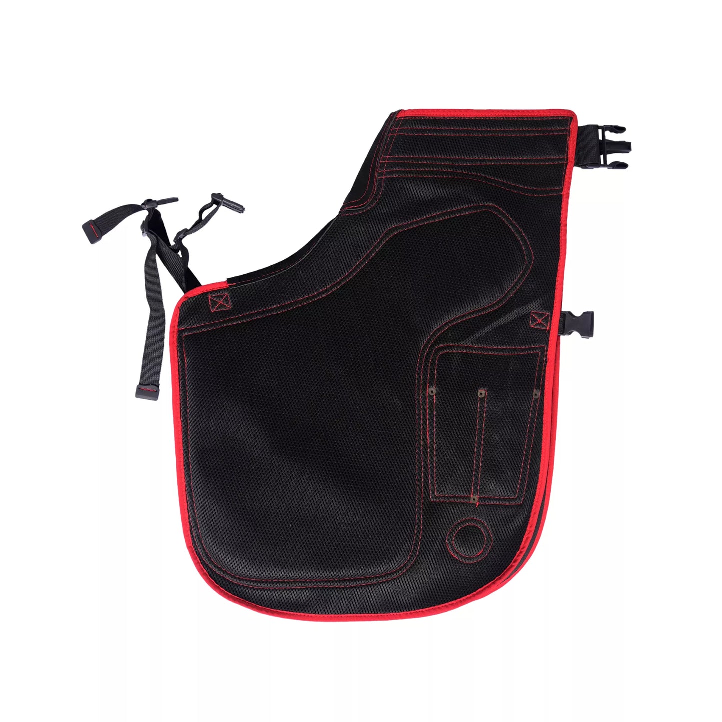 Equine Care Pro Artisan Farrier Apron Side view of single-leg black farrier chap featuring red trim, contoured thigh padding, adjustable straps, and integrated tool pocket for professional horse shoeing and hoof care work