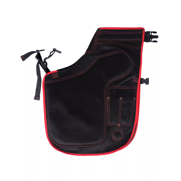 Equine Care Pro Artisan Farrier Apron Side view of single-leg black farrier chap featuring red trim, contoured thigh padding, adjustable straps, and integrated tool pocket for professional horse shoeing and hoof care work