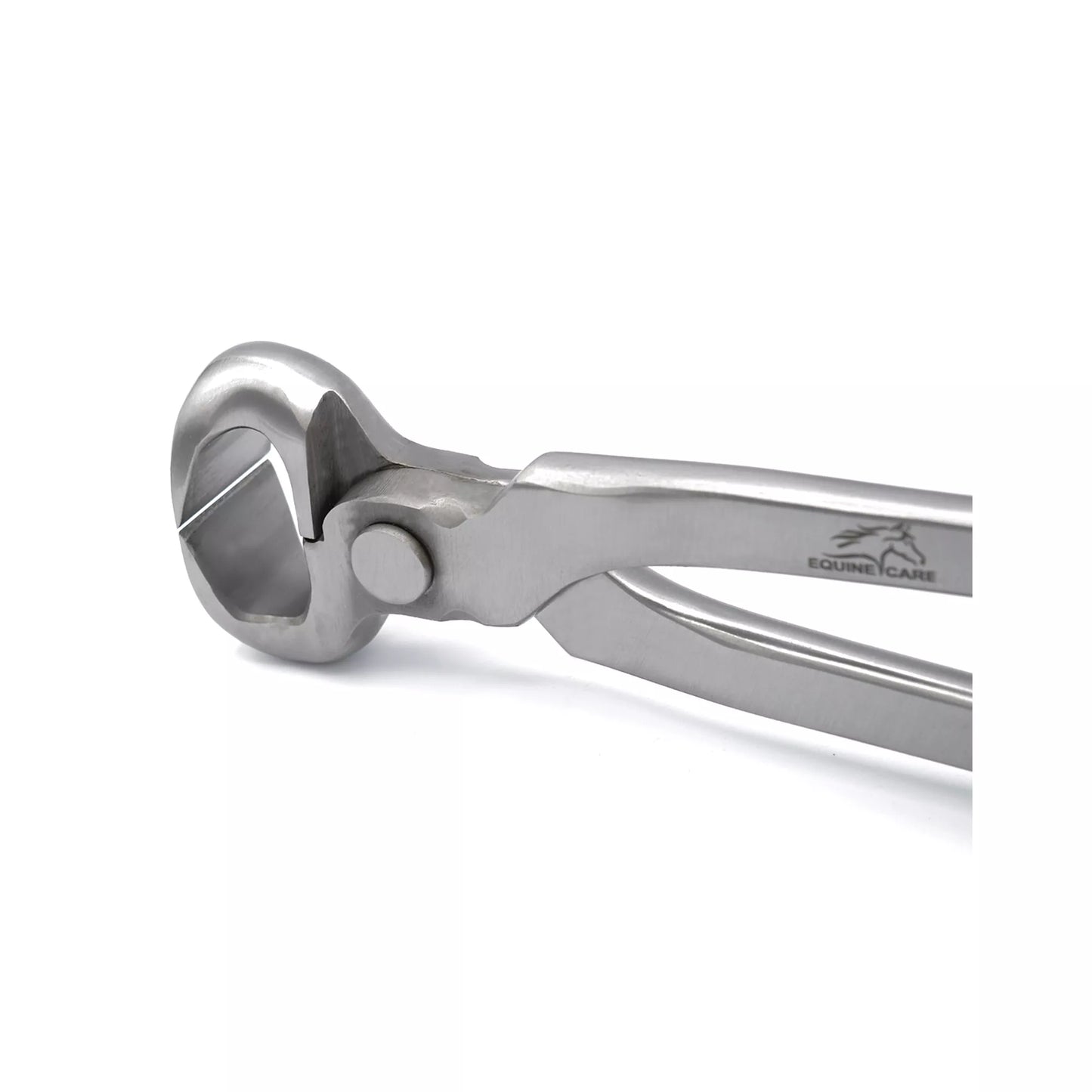 Close-up view of professional spring-free hoof nippers showing sharp stainless steel cutting jaws for accurate horse hoof trimming Equine Care – 10″ to 15″