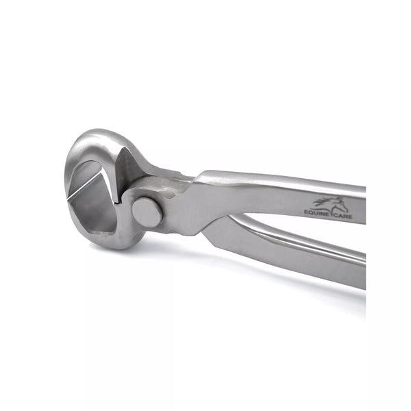 Close-up view of professional spring-free hoof nippers showing sharp stainless steel cutting jaws for accurate horse hoof trimming Equine Care – 10″ to 15″