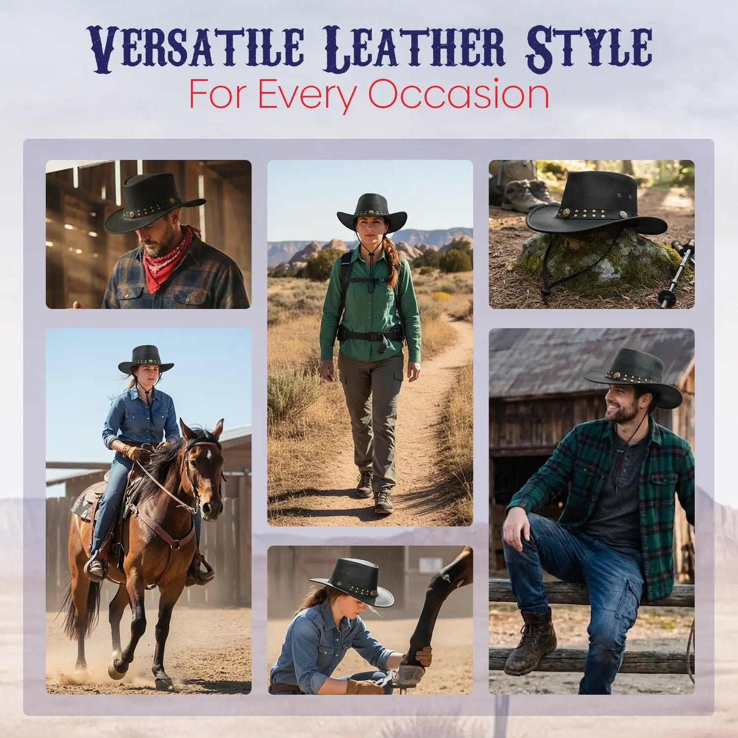 Unisex black Western cowboy hat with buffalo conchos in a lifestyle setting.