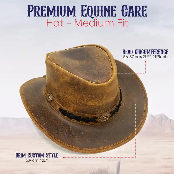 Brown hat with measurements on a white background, labeled 'Premium Equine Care Hat - Medium Fit'.