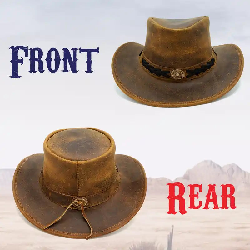 Brown leather hat shown from front and rear on a white background