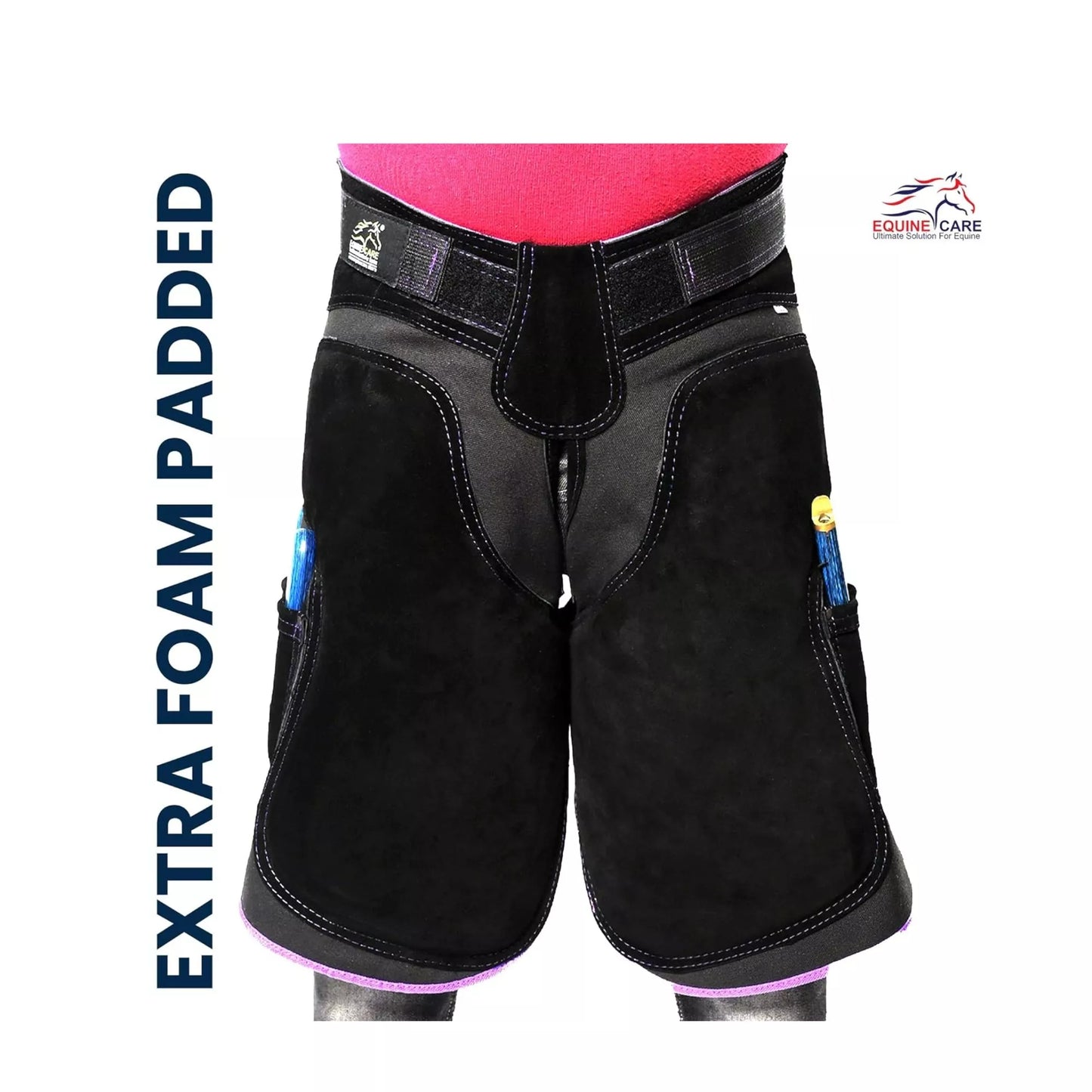 A durable women’s farrier apron made from suede leather with foam padding and tool pockets for hoof trimming Black with purple Piping
