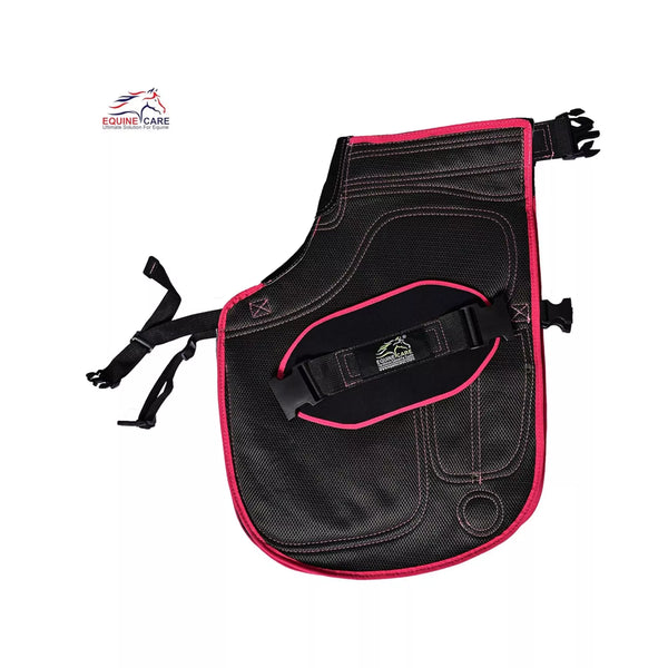 Equine Care Women’s 23″ Leather & Canvas Farrier Apron Chaps with Back Support Black with pink Piping
