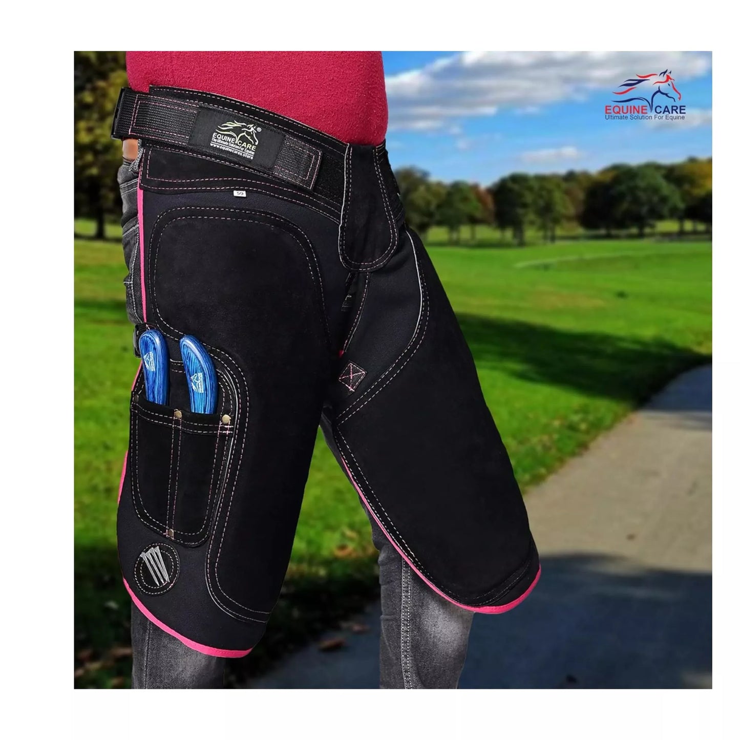 Equine Care Women’s 23″ Leather & Canvas Farrier Apron Chaps with Back Support Black with purple Piping