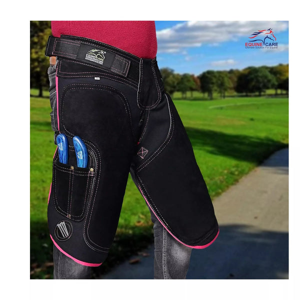 Equine Care Women’s 23″ Leather & Canvas Farrier Apron Chaps with Back Support Black with purple Piping